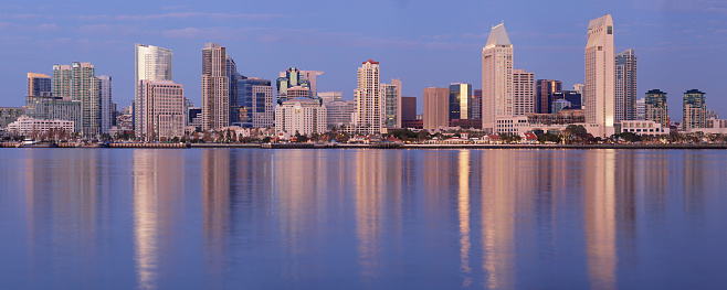 Early evening panoramic view of the San Diego skyline and San Diego bay.