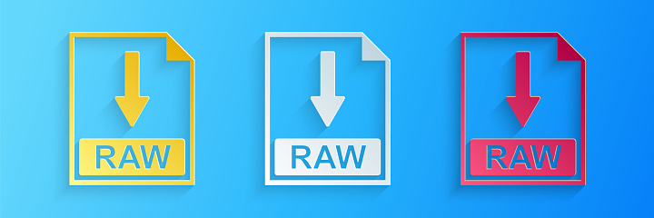 Paper cut RAW file document icon. Download RAW button icon isolated on blue background. Paper art style. Vector.