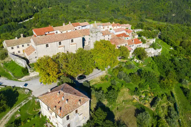 Aerial view of Hum, the smallest town in the world, Istra, Croatia