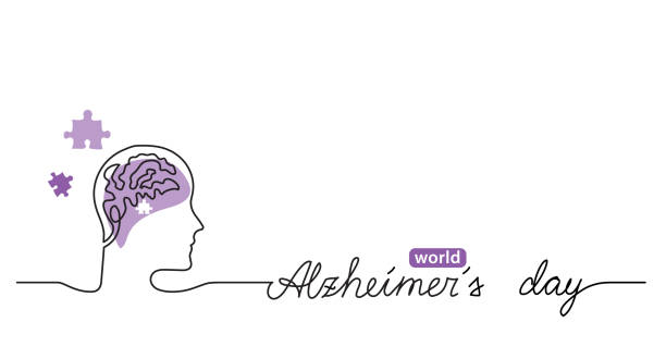 阿爾茨海默氏症日簡單的背景,網路橫幅,海報與大腦和拼圖。一個連續的線條繪製背景與字母阿爾茨海默氏症日。 - alzheimer 幅插畫檔、美工圖案、卡通及圖標