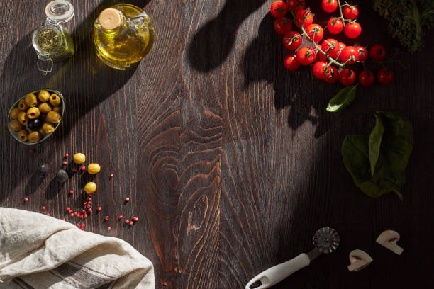 istock Top view on a dark wooden table 1271536656