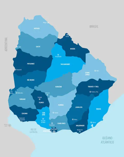 Vector illustration of Uruguay country political map with isolated provinces, regions, departments and cities, easy to ungroup.