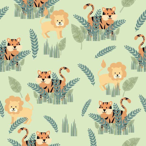 Cute Jungle Animals - Tiger Seamless Pattern Pastel nursery safari animal with tropical plants. Flat color with grouped elements for easier editing. safari animal clipart stock illustrations