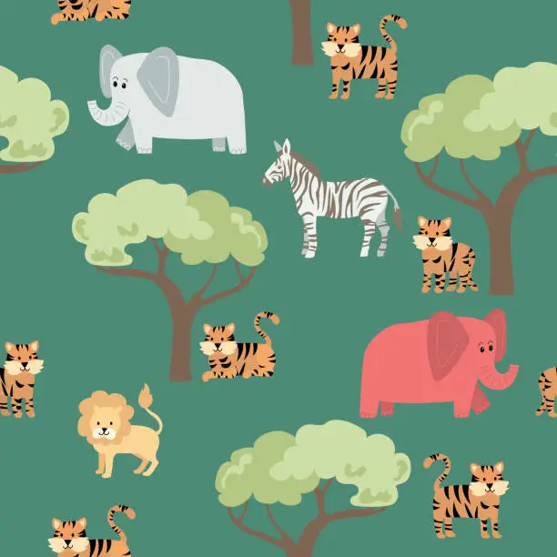 Vector illustration of Cute Jungle Animals - Tiger Seamless Pattern