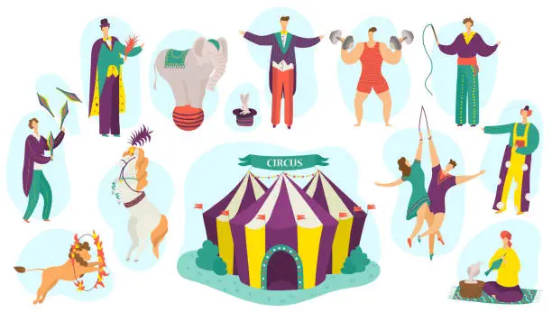 Vector illustration of People in circus performance vector illustration set, cartoon flat fun active artist character performing magic show isolated on white