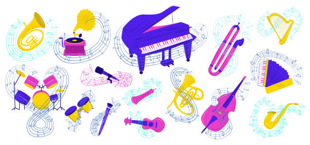zestaw ilustracji wektorowych instrumentów muzycznych, kreskówka płaska kolorowa kolekcja ikon akustycznych dla muzyka z nutami odizolowanymi na białym - drum & bass stock illustrations