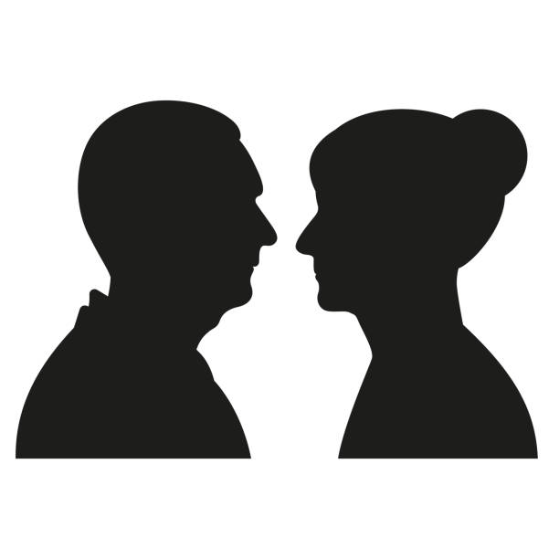 ilustraciones, imágenes clip art, dibujos animados e iconos de stock de envejecido hombre y mujer pareja perfil silueta. ilustración vectorial. - portrait black and white senior men wisdom