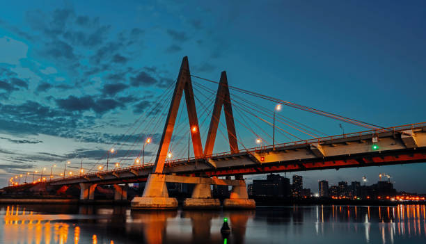 Cable-stayed bridge across the river. The bridge with night lighting in Kazan