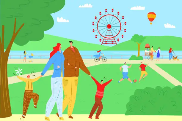 Vector illustration of Cartoon people in park with ferris wheel, vector illustration. Family leisure with happy child, entertainment design for kid.