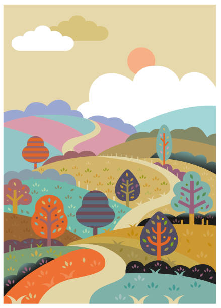 retro rollende straße illustration - autumn landscape hill tree stock-grafiken, -clipart, -cartoons und -symbole