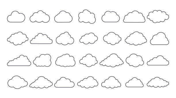 ベクター クラウド アイコン。編集可能なストローク。28サインラインアートのセット。気象予報インタフェース要素、情報クラウドストレージデータベース。インターネット通信ネットワー - cloud点のイラスト素材／クリップアート素材／マンガ素材／アイコン素材