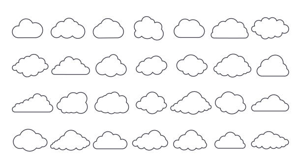 ilustrații de stoc cu pictograme cloud vectoriale. contur editabil. set de 28 de ilustrații de linie de semne. element de interfață de prognoză meteo meteorologie, bază de date de stocare a informațiilor în cloud. rețea de comunicații pe internet care salvează date - cloud computing