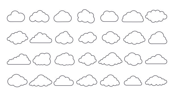 значки векторного облака. редактируемый штрих. набор из 28 знак линии искусства. элемент интерфейса прогноза погоды метеорологии, база данн� - cloud stock illustrations