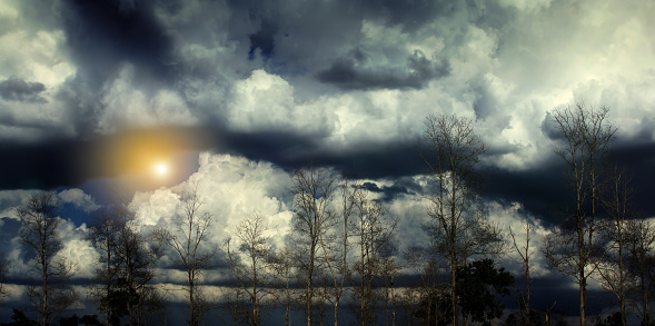 Dramatic storm clouds over a leafless forest, sunbeam shines through dark clouds. Focus on the clouds.