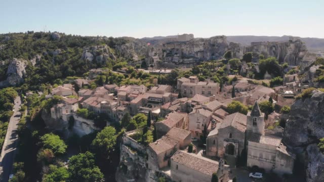 Les Baux de Provence France, old historical village build on a hill in the Provence, Les Baux de Provence village on the rock formation and its castle. France, Europe