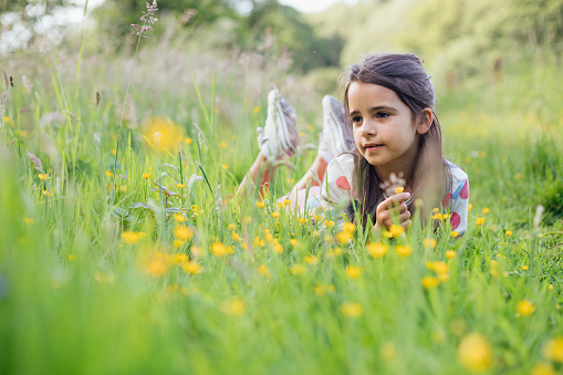 A medium, front view angle shot of a young, mixed race girl looking at the camera smiling and holding a buttercup while lying in a field in a woodland forest in Northumberland, Northeastern England during the Covid-19 pandemic.