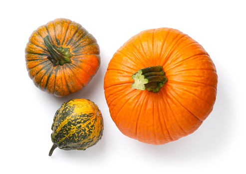 Fresh pumpkins isolated over white background. Top view