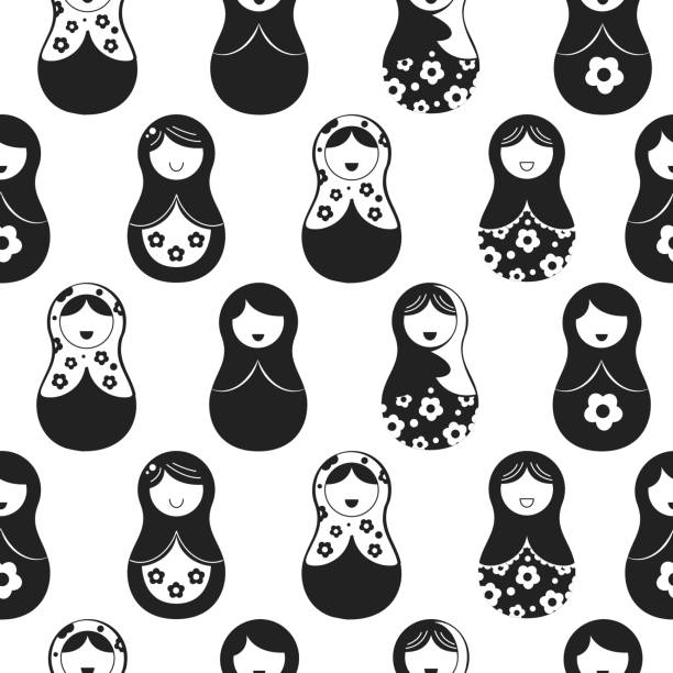 illustrations, cliparts, dessins animés et icônes de modèle d’abstraction sans couture de poupée imbriquée. poupée russe - matrioshka. illustration de matrioshka de poupée imbriquée en noir et blanc. - wood toy babushka isolated on white