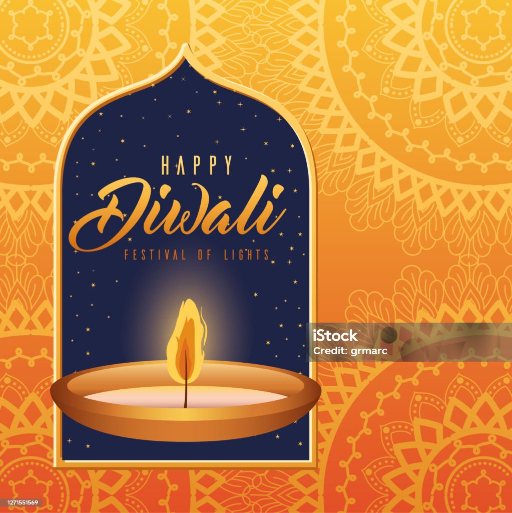 Happy Diwali Candle With Frame On Orange With Mandalas Background ...