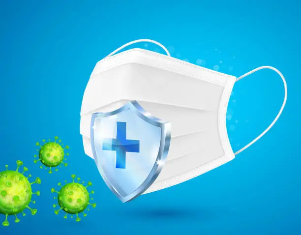 Vector illustration of Medical mask protects against viruses, germs and bacteria. Protection from saliva, mucus and dust. Vector illustration.