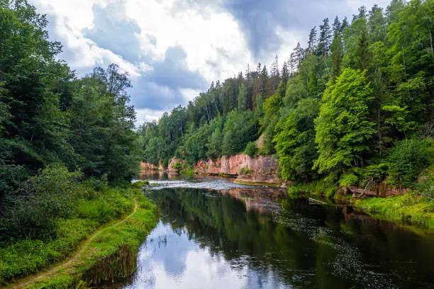 Photo of landscape with sandstone cliffs on the river bank, fast flowing and clear river water, Kuku cliffs, Gauja river, Latvia