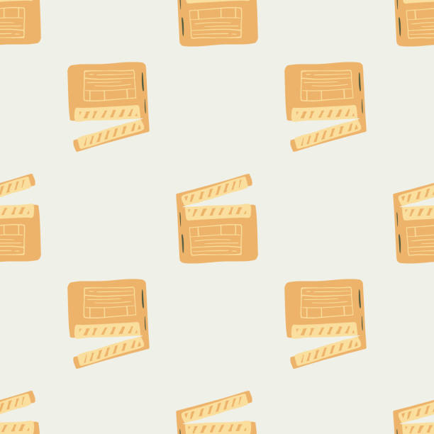 ilustrações, clipart, desenhos animados e ícones de padrão minimalista e perfeito com formas simples de clapperboard. ornamento de produção de cinema amarelo em fundo leve. - background tile video