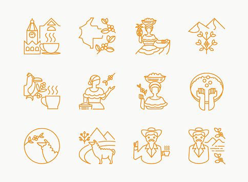 colombia coffee single origin line icon design with woman pick fruits,lama eat coffee fruits,uncle with hat ,toucan on tree and hot cofee on clock tower view