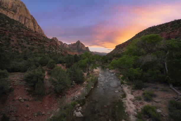 istock Virgin River leading towards Watchman Peak during sunset 1271557018