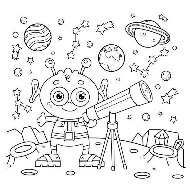 Mewarnai Garis Besar Halaman Kartun Alien Kecil Dengan Teleskop Ruang Dan  Astronomi Buku Mewarnai Untuk Anakanak Ilustrasi Stok - Unduh Gambar  Sekarang - iStock