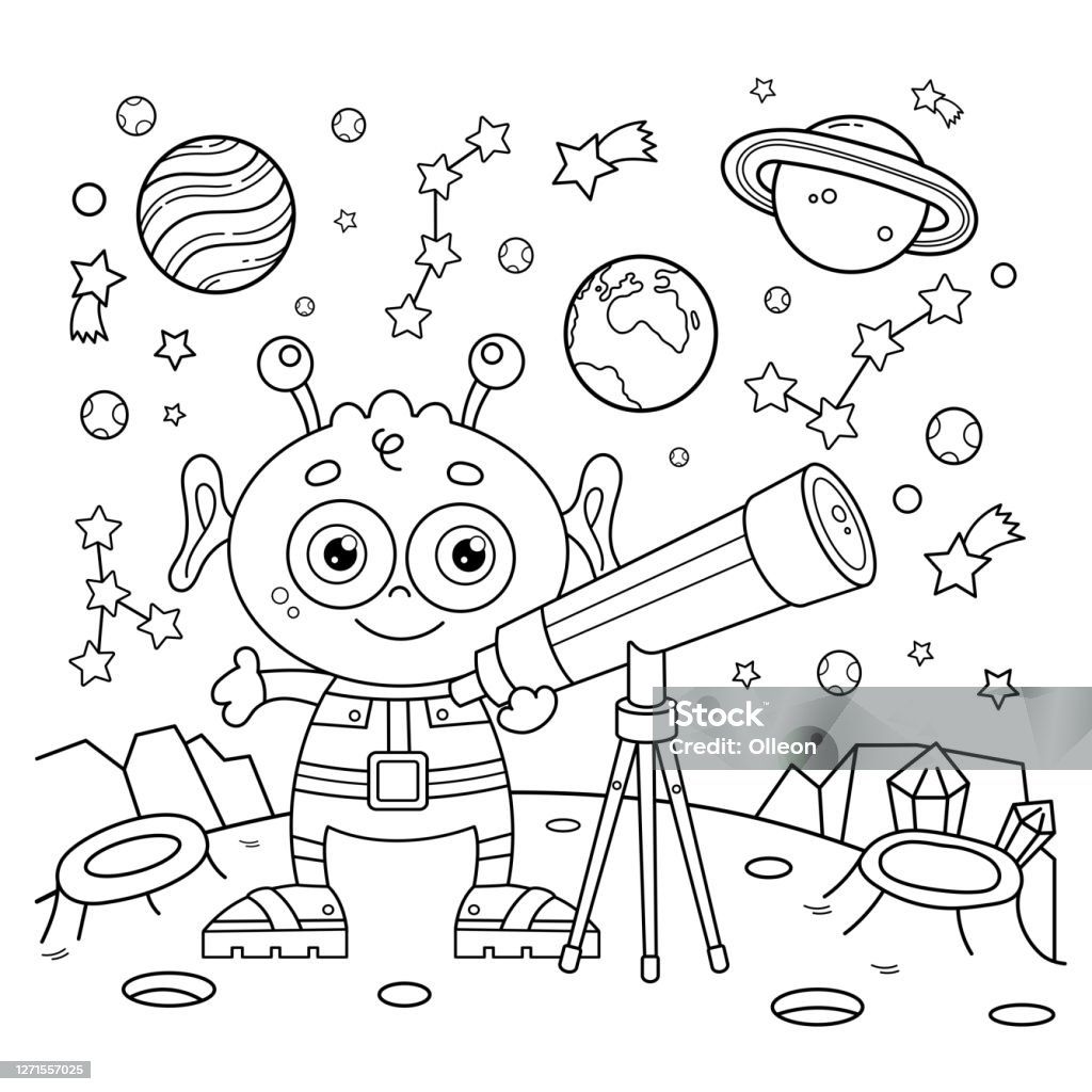 Coloring Page Outline Of A Cartoon Little Alien With Telescope Space And  Astronomy Coloring Book For Kids Stock Illustration - Download Image Now -  iStock