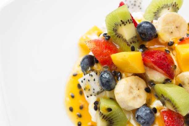 Dessert 'Pavlova' of meringue with fresh fruit. Top view