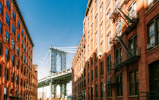One of the most iconic views of New York City - looking down Washington Street in Dumbo, Brooklyn towards the Manhattan Bridge.