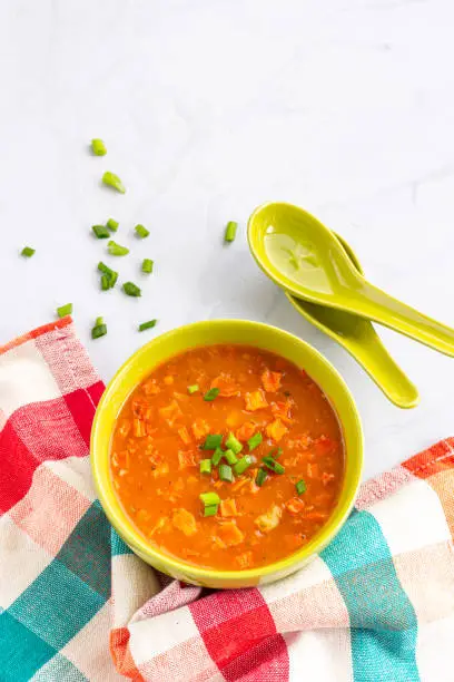 Healthy Vegan Vegetarian Soup in a Bowl with Spoon, Minimalist Soup Photography