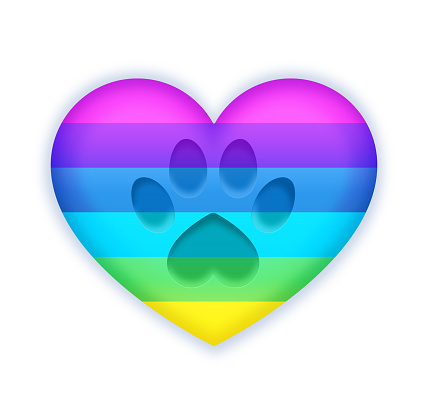 Pet paw print rainbow love gradient pattern heart shape 3d symbol.