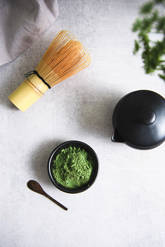 Flat lay of matcha green tea