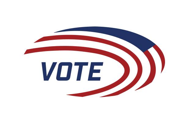 'Vote' sticker An oblong shaped election day 'Vote' sticker. An abstract image of the U.S. flag is circled around the text. democratic party logo stock illustrations