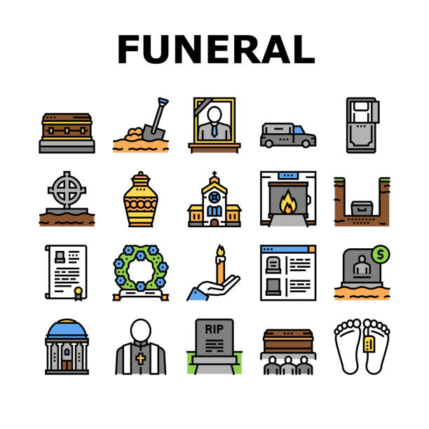 Funeral Burial Service Collection Icons Set Vector Funeral Burial Service Collection Icons Set Vector. Church And Priest, Grave And Coffin, Candle And Gravestone, Funeral Crematorium And Cemetery Color Contour Illustrations funeral home logo stock illustrations