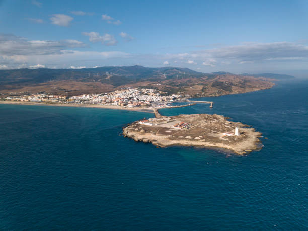 Aerial View of Tarifa City - Cadiz the souther points of Europe Aerial View of Tarifa City - Cadiz the souther points of Europe , the place were Mediterranean Sea meet the Atlantic Ocean close to African Continent tarifa stock pictures, royalty-free photos & images