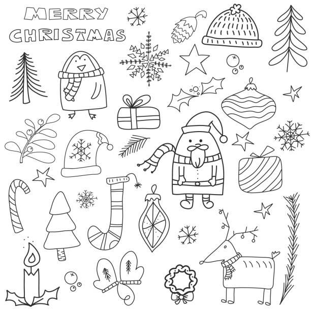 istock Hand drawn doodle vector illustration. Christmas art drawings in black. Set with lettering, ornaments, candy, present boxes for gift tags, labels, card, invitations. 1271566976