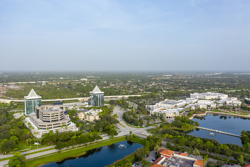 Palm Beach Gardens, FL, USA - September 4, 2020: Aerial photo Divosta Towers and The Gardens Mall Palm Beach Florida