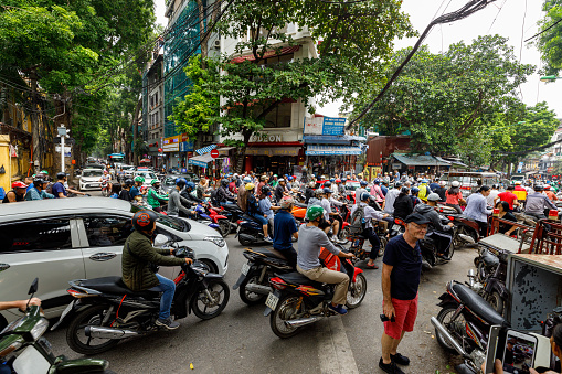 Hanoi, Ha Tay, Vietnam - October 26, 2019: The traffic with Motorcycle in the streets of Hanoi in Vietnam