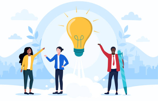 illustrazioni stock, clip art, cartoni animati e icone di tendenza di team aziendale che prepara il progetto di start-up - light bulb businessman inspiration ideas