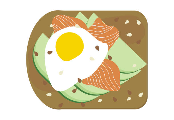 ilustrações de stock, clip art, desenhos animados e ícones de avocado toast with poached egg and salmon illustration. avocado smoked lox slices on bread, vegan sandwich with seeds - guacamole food bar vegan food