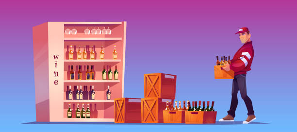 Loader carries box with wine bottles to store Loader carries box with bottles to store, shop storage or bar. Delivery alcoholic drinks. Vector cartoon illustration with man holding wooden crate with wine and glass bottles on stand wine shipping stock illustrations