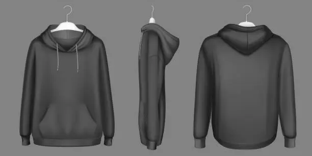 Vector illustration of Hoody, black sweatshirt on hanger mock up set