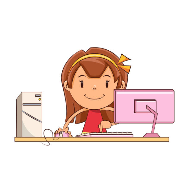 illustrazioni stock, clip art, cartoni animati e icone di tendenza di ragazza che lavora al computer, felice bambino carino - computer keyboard white caucasian white background