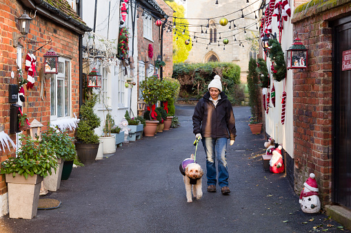 British Asian Indian woman walking dog at Christmas in a pretty UK street scene with old cottages
