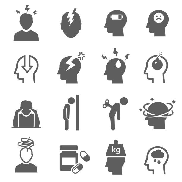 Stress, depression bold black silhouette icons set isolated on white. Nervous breakdown, heaviness. Stress, depression bold black silhouette icons set isolated on white. Nervous breakdown, heaviness, neurasthenia pictograms collection. Frustration. headache vector elements for infographic, web. anxiety stock illustrations