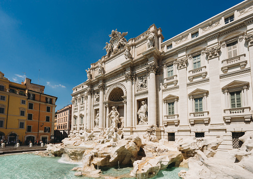 Fountain of Boat and Spanish steps with Trinita dei Monti church in Rome, Italy