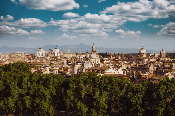 Rome skyline from elevated point of view. Many monuments and domes in the skyline.